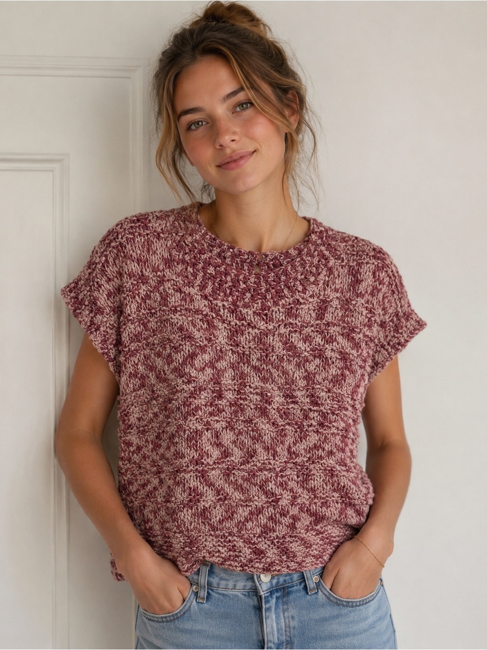 Laika Marled Pink Short-Sleeve Knit crochet Top